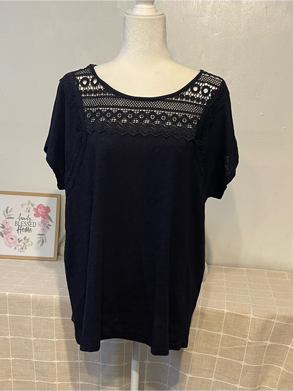 LOFT women’s casual Navy Lace Yoke Short Sleeve Blouse size XL 100% cotton NWT - Picture 3 of 15